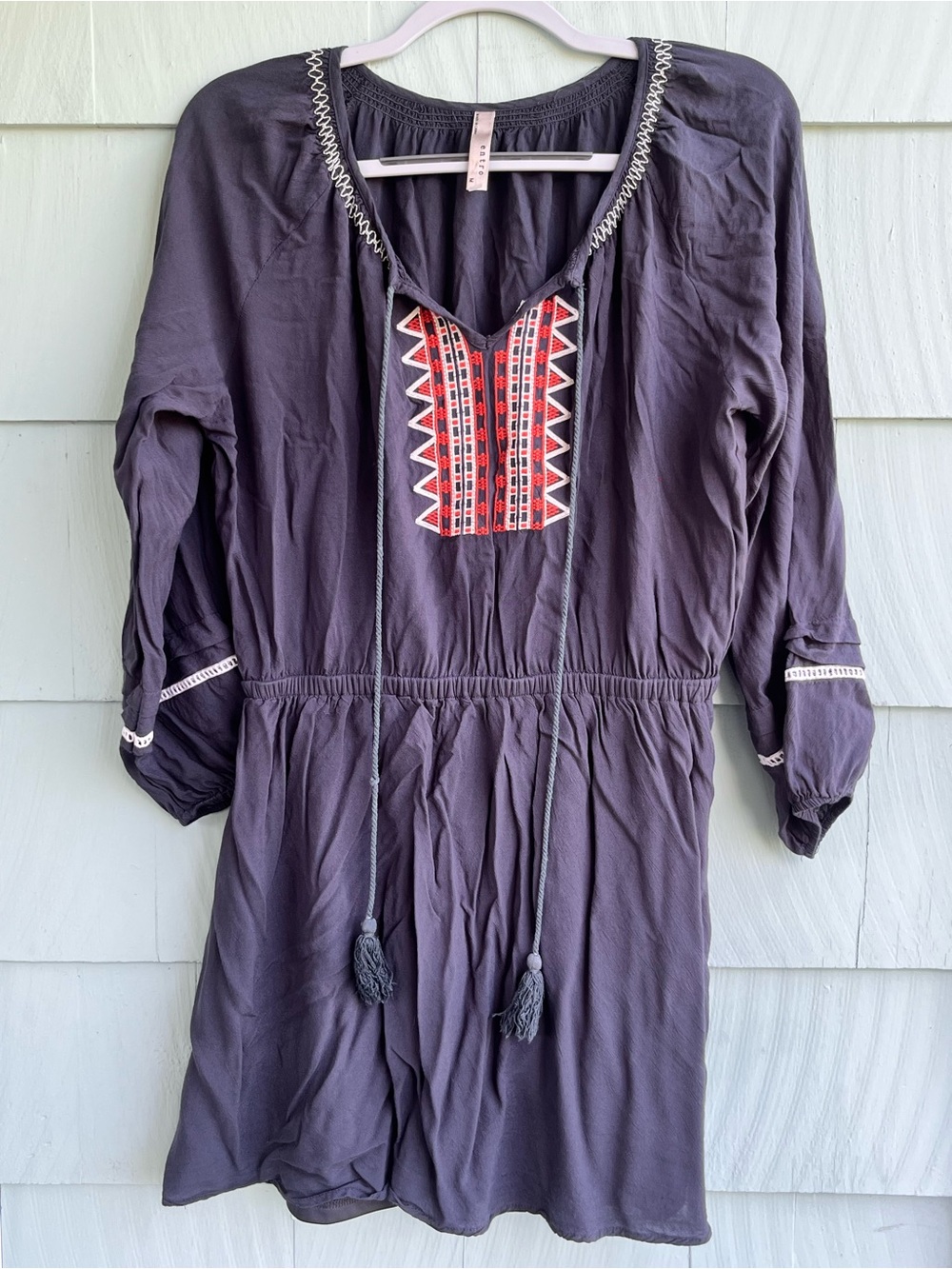 entro Dark Grey Long Sleeve Embroidered Tunic Dress with Red Accent